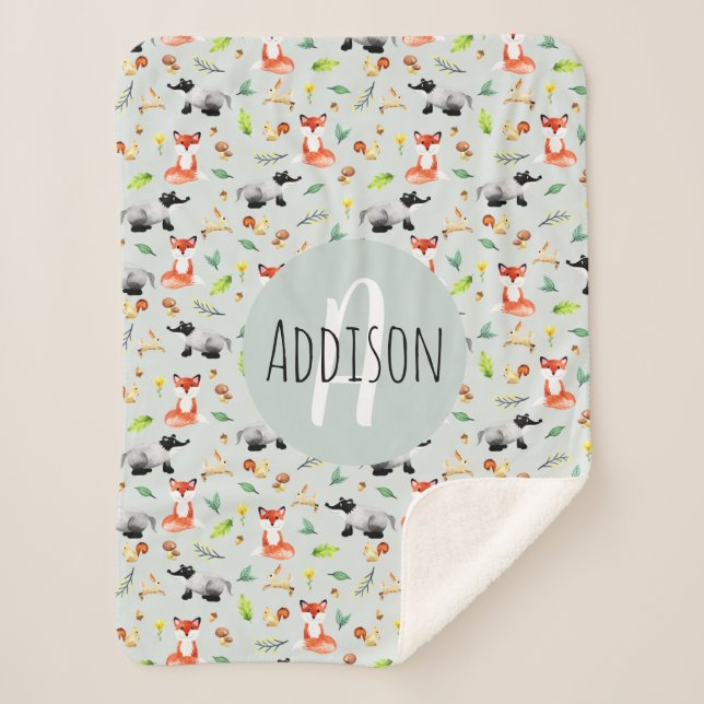 Jungen Niedliche Waldtiere Muster Fox & Name Kinde Sherpadecke (Vorderseite)