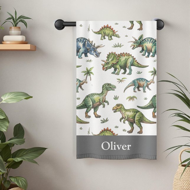 Jungen Niedliche Wasserfarbe Dinosaurier & Name Ki Badehandtuch (Von Creator hochgeladen)