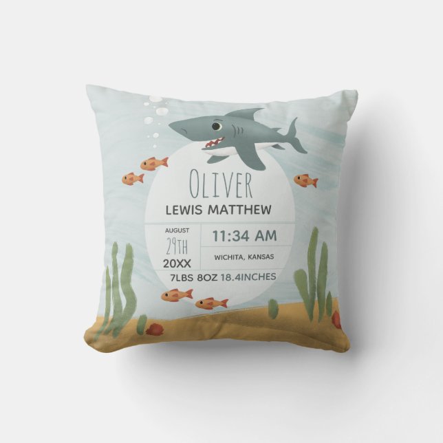 Jungen Niedlicher Blauer Hai Keepake Geburtsstunde Kissen (Vorderseite)