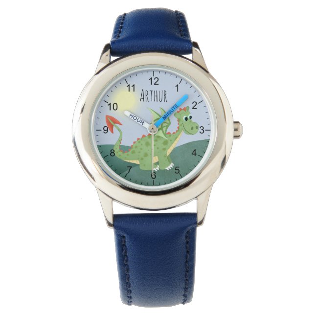 Jungen Niedlicher Green Dragon Cartoon mit Name Ki Armbanduhr (Vorderseite)