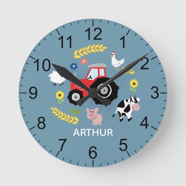 Jungen Niedlicher Zuchttiertraktor Kinder Kinderzi Runde Wanduhr (Vorderseite)