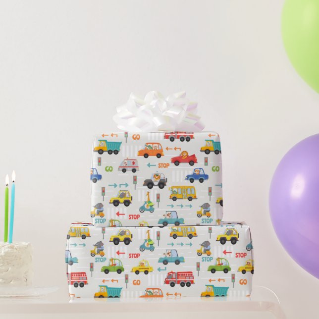 Jungen Niedliches Transportfahrzeug farbenfrohe Mu Geschenkpapier (Partygeschenke)