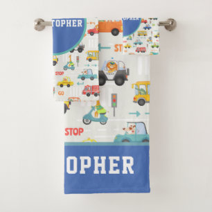 Jungen Niedliches Transportwagenmuster Name Kinder Badhandtuch Set