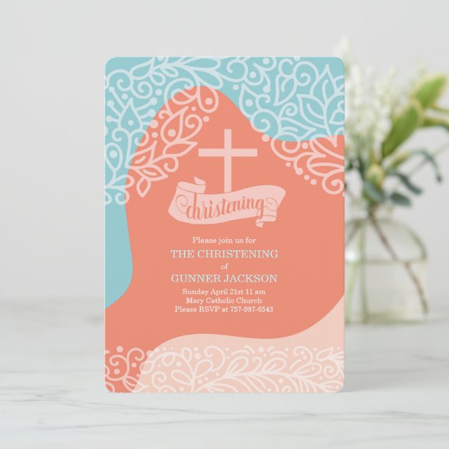 Jungen Orange und Blau mit Cross Christening Einladung (Stehend Vorderseite)