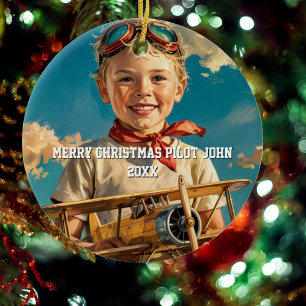 Jungen-Pilot-Flieger & Spielzeugflugzeug individue Keramik Ornament