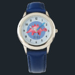 Jungen Red Watercolor Dinosaurier und Name Kinder Armbanduhr<br><div class="desc">Dieses niedliche Kinderuhrdesign ist mit einem handgemalten,  roten Aquarelle-Dinosaurier mit blauem Hintergrund ausgestattet und kann mit dem Namen Ihres Jungen personalisiert werden. Ideal für die erste Armbanduhr eines jeden Dinosauriers liebenden Kindes. Karo in unserem Shop für andere schöne Designs!</div>