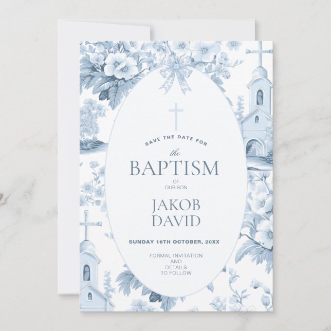 Jungen Save the Date, Blauer Toile Blumentaufen Einladung (Vorderseite)
