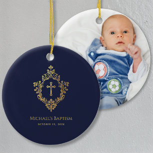 Jungen Tauf Wappen Marineblau Elegante Faux-Goldfo Keramik Ornament