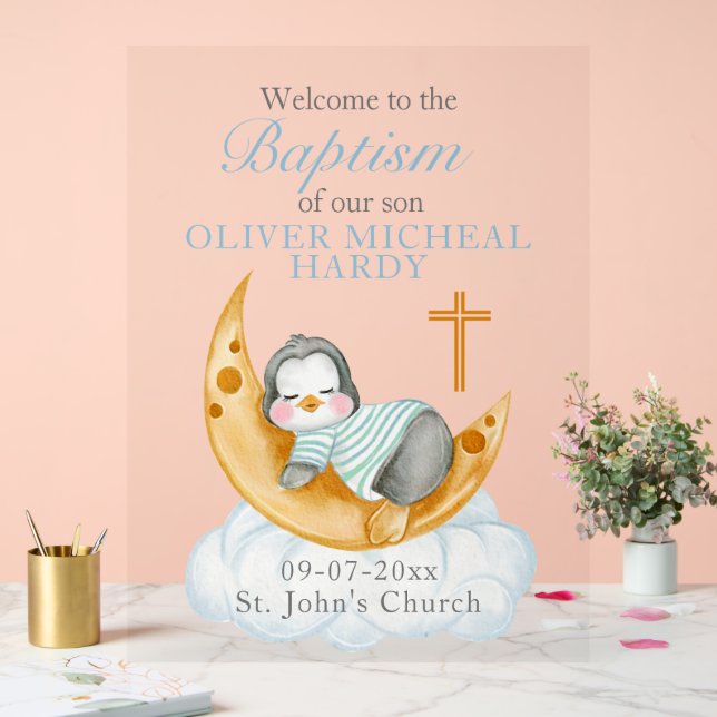 Jungen Taufe Christening Begrüßung Baby Penguin Acrylschild (Hochzeit)