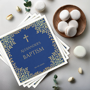 Jungen-Taufe königsblau Faux-Gold-Blätter religiös Serviette