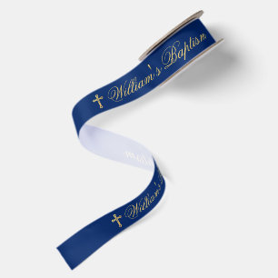 Jungen-Taufe königsblau-goldenes Kreuz und Kalligr Satinband