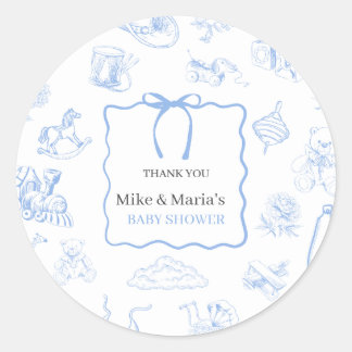 Jungen-Toile-de-Jouy-Blau-Baby-Party Runder Aufkleber