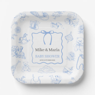 Jungen-Toile-de-Jouy-blaue Babyparty Pappteller