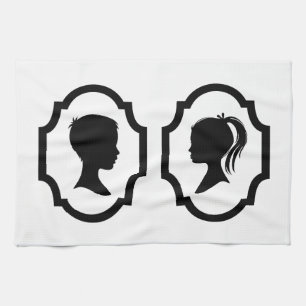Jungen- und Mädchen-Silhouette in Bilderrahmen Geschirrtuch