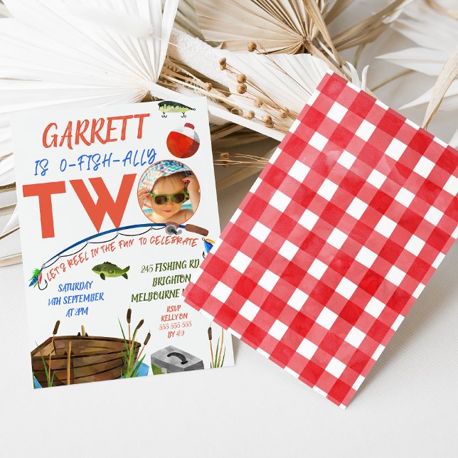 Jungen vergnügen sich am 2. Geburtstag Einladung (Boys Ofishally Two Birthday Invitation Template With Photo, Fishing 2nd Birthday Invitation, Ofishal)