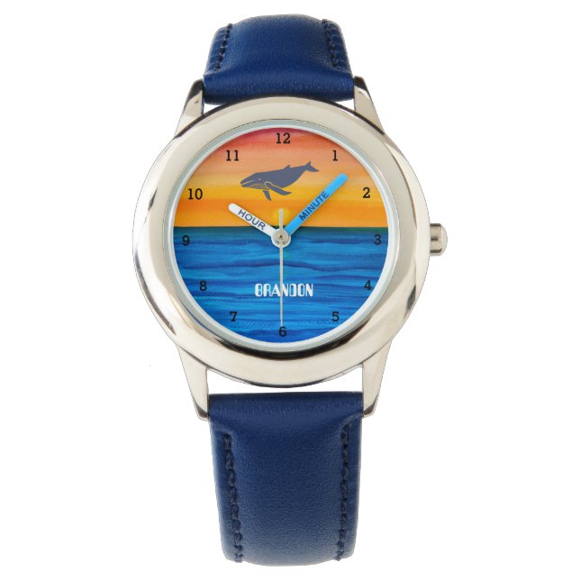 Jungen Whale Ocean Fish Niedlich moderne blaue Kin Armbanduhr (Vorderseite)