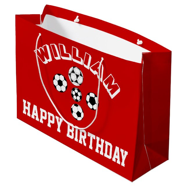 Jungenfußball-Fußballrot PERSONIFIZIEREN Große Geschenktüte (Rückseite Schrägansicht)