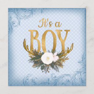 Jungenhirsch-Geweih-Baby-Party Blau und Gold Einladung