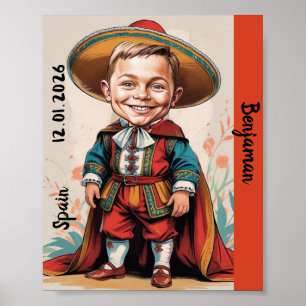 Jungenkarikatur in traditioneller spanischer Trach Poster