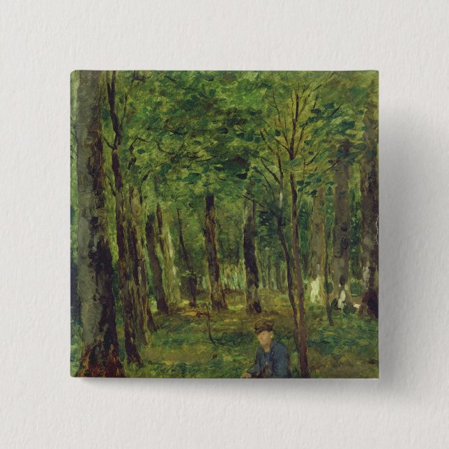 Junger Bauer, der im Wald, 1878 sitzt Button (Vorderseite)