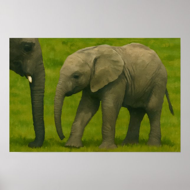 Junger Elefant mit Guardian im Grassy Reserve Poster (Vorne)
