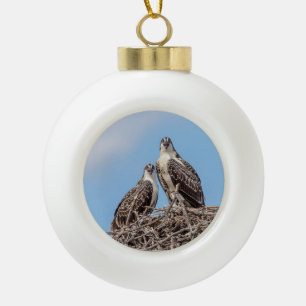 Junger Fischadler im Nest Keramik Kugel-Ornament