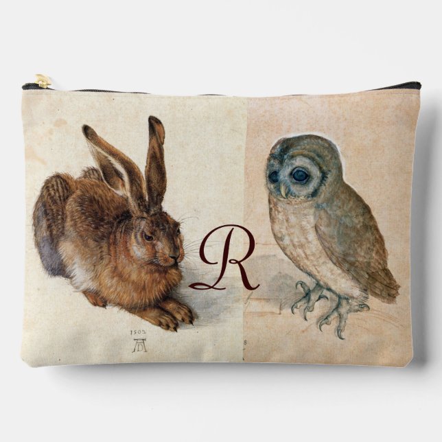 Junger Hase (Kaninchen) und Eule-Monogramm Zubehörtasche (Vorderseite)