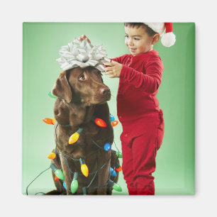 Junger Junge, der Weihnachtslichter um einen Hund Magnet