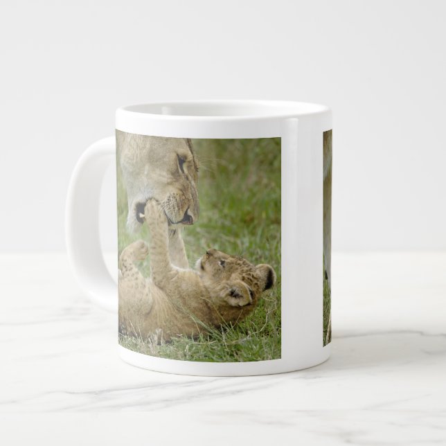 Junger Löwe spielt Jumbo-Tasse (Vorderseite Links)