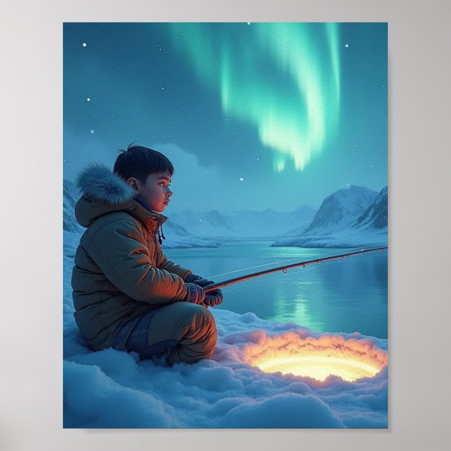 Junger Mann beim Eisfischen Poster (Vorne)