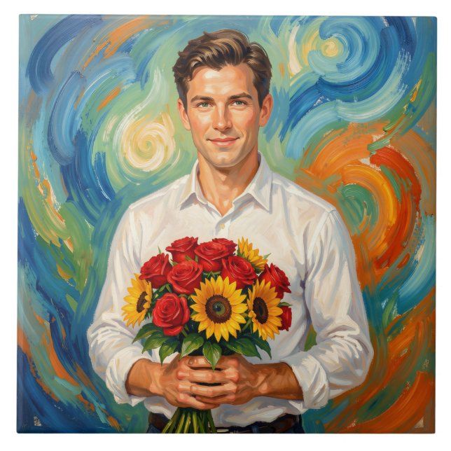 Junger Mann mit Blumenstrauß im Retro-Stil Gemälde Fliese (Vorderseite)