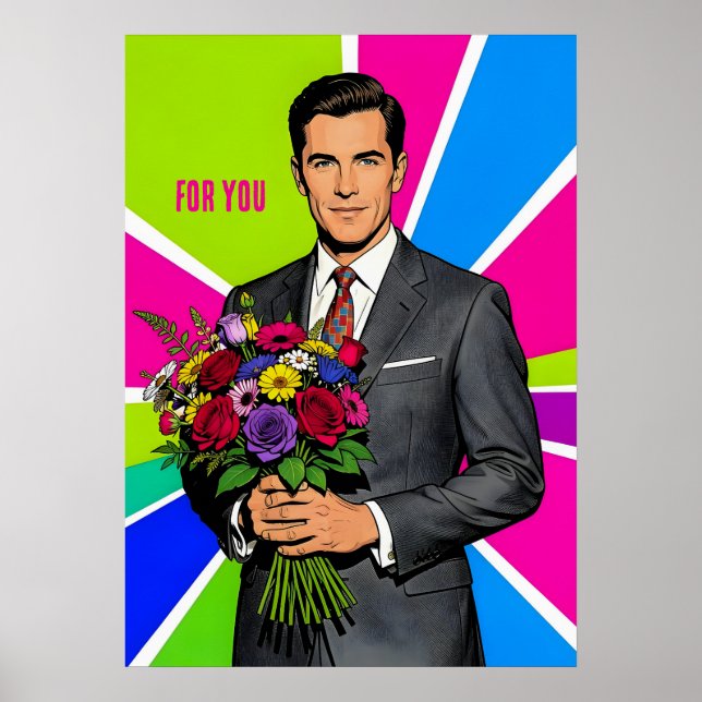 Junger Mann mit Blumenstrauß Retro-Stil personalis Poster (Vorne)