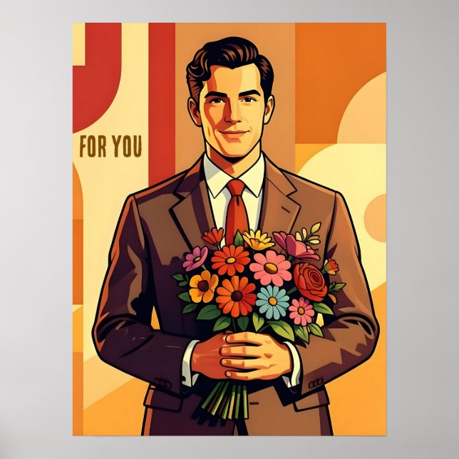 Junger Mann mit Blumenstrauß Retro-Stil personalis Poster (Vorne)