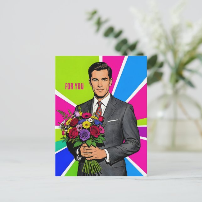 Junger Mann mit Blumenstrauß Retro-Stil personalis Postkarte (Stehend Vorderseite)