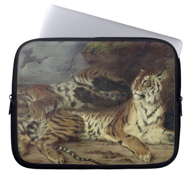 Junger Tiger, der mit seiner Mutter, 1830 spielt Laptopschutzhülle (Vorderseite)