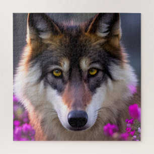 Junger Wolf in fuchsienrosa Blüten