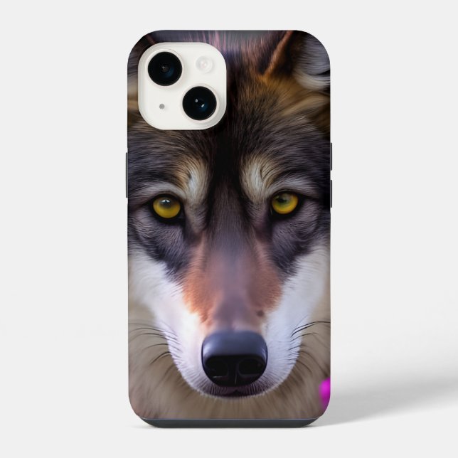 Junger Wolf starrt  iPhone 14 Hülle (Rückseite)