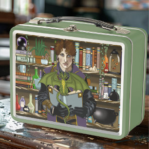 Junger Zauberer Fantasy-Bibliothek Bücher Drache Metall Brotdose