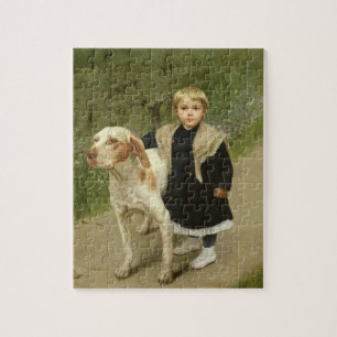 Junges Kind und ein großer Hund (Öl auf Leinwand