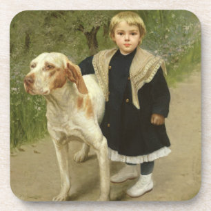 Junges Kind und ein großer Hund (Öl auf Leinwand Getränkeuntersetzer