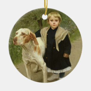 Junges Kind und ein großer Hund (Öl auf Leinwand) Keramik Ornament