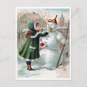 Junges Mädchen baut einen Schneemann, vintage Urla Postkarte