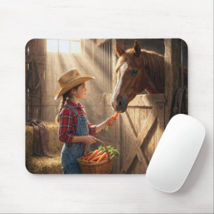 Junges Mädchen füttert ein Pferd mit Karotten Mousepad