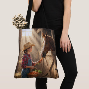 Junges Mädchen füttert ein Pferd mit Karotten Tasche