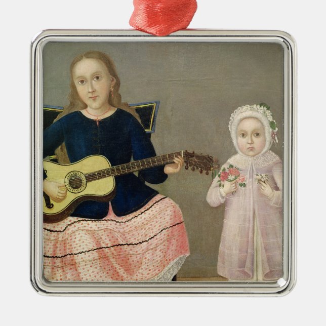 Junges Mädchen mit einer Gitarre und einem Kind Ornament Aus Metall (Vorne)