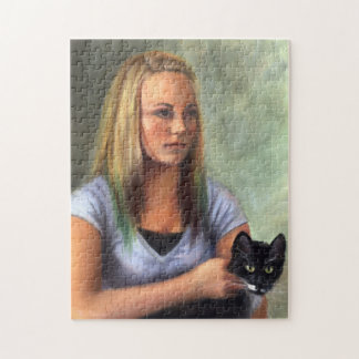 Junges Mädchen mit schwarze Katze Puzzlespiel