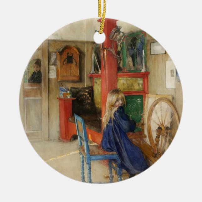 Junges Mädchen mit Spinnrad - Carl Larsson Keramik Ornament (Vorne)