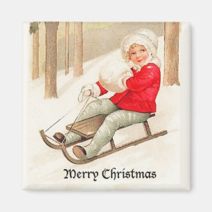 Junges Mädchen Schlittenfahren Vintage Magnet