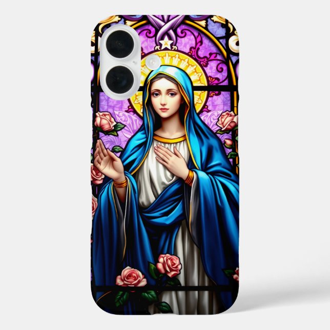 Jungfrau aus Hartglas Mary Katholic Christlich iPhone 16 Hülle (Rückseite)