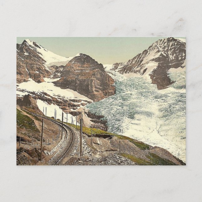Jungfrau, Eisenbahn, Eiger und Monch, mit Eiger Gl Postkarte (Vorderseite)